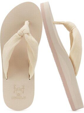 Women Beige Yoga Mat Arch Support Flip Flops Fabric Straps Knotted Thong Sandal